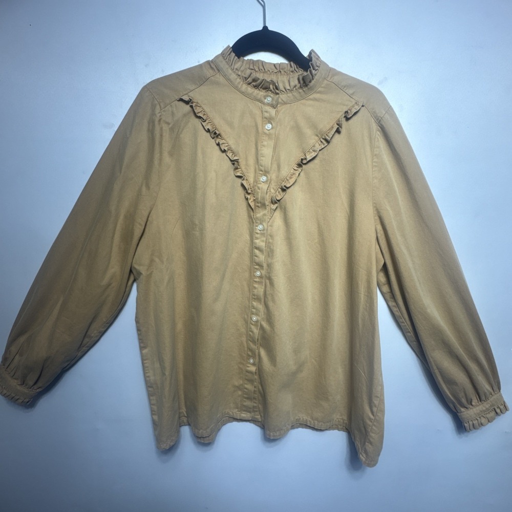 Loft White Swiss Dot Ruffle Trimmed‎ Boho Peasant Prairie Button Blouse XL